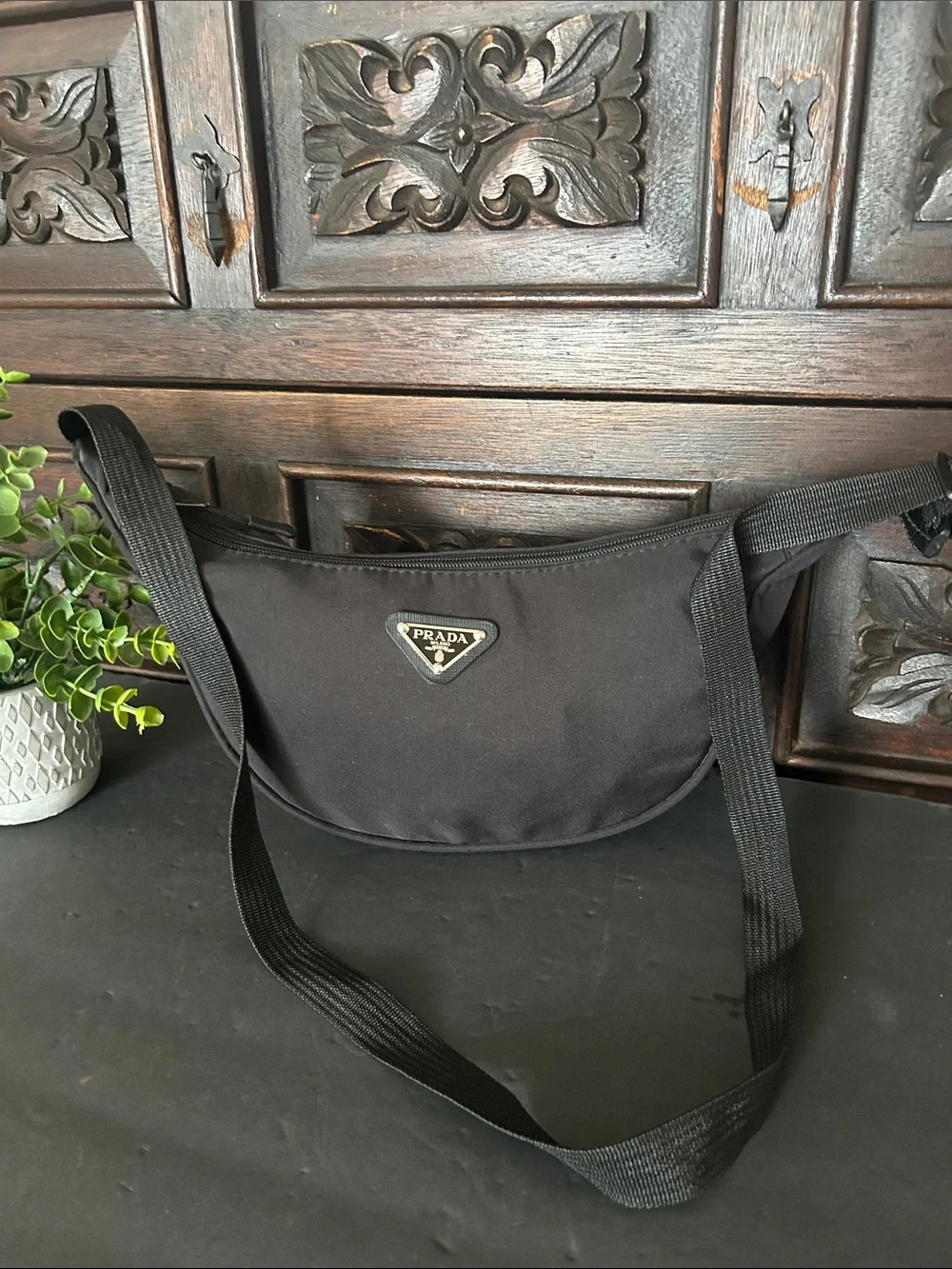 Beautiful Black Crescent Nylon Shoulder Bag with Silver Logo - Picture 2 of 8